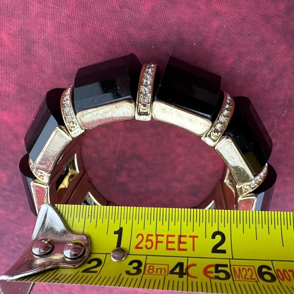 GOLD AND BLACK ENAMEL AND RHINESTONE STRETCH LINK BRACELET, - Picture 5 of 5